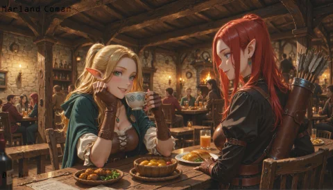2girls, Duo, Sitting, Holding Cup, Smile, Looking At Another... — Stable Diffusion AI Prompt: 2girls, duo, sitting, holding cup, smile, looking at another, relaxed expression...