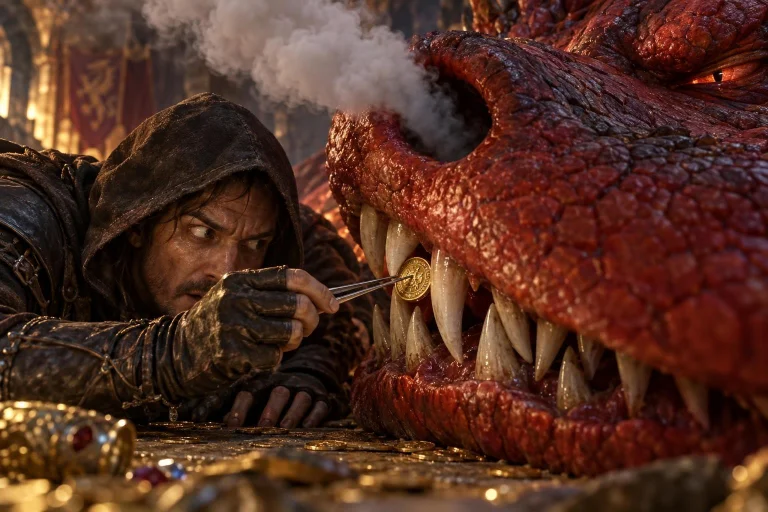 Close-up Cinematic Shot Of A Greedy Rogue Thief Using Tiny T...