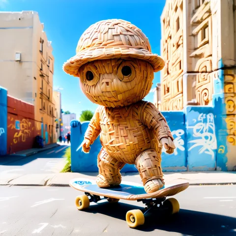 Made Of, Straw, 3cpo On A Skateboard, Sunny Day, Blue Sky, U... — SDXL AI Prompt: made of, straw, 3CPO on a skateboard, sunny day, blue sky, urban street, city, g...