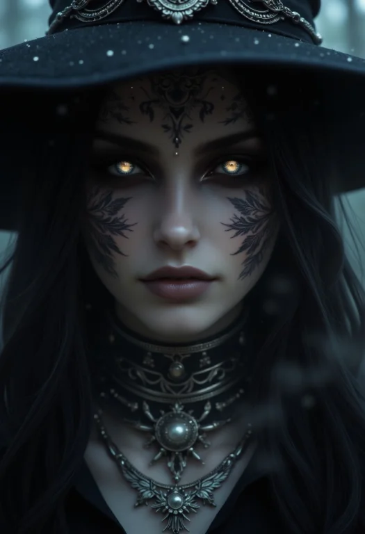A Close-up Of A Witch With Intense, Glowing Eyes, Her Face P...