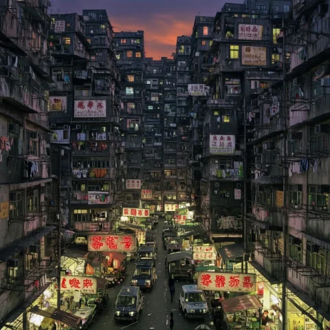 Kowloon Walled City Scenery — Stable Diffusion AI Prompt: kowloon_walled_city, scenery, ground vehicle, sign, motor vehicle, city