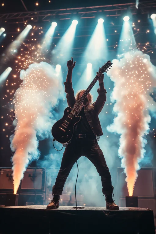 A Rockstar On Stage Under Blinding Concert Lights, Electric...