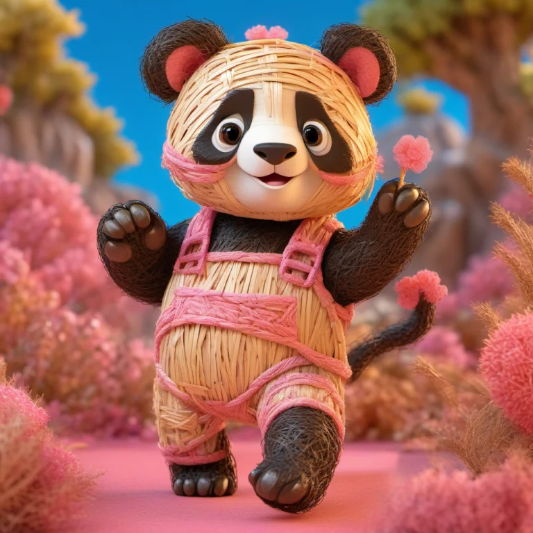 A Panda Made Of Straw With Large Blue Eyes And A Joyful Expr...
