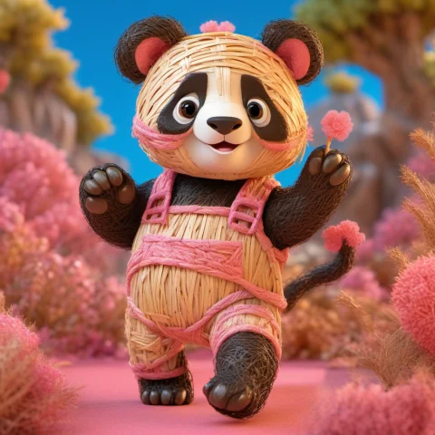 A Panda Made Of Straw With Large Blue Eyes And A Joyful Expr... — Stable Diffusion AI Prompt: A panda made of straw with large blue eyes and a joyful expression stands agains...
