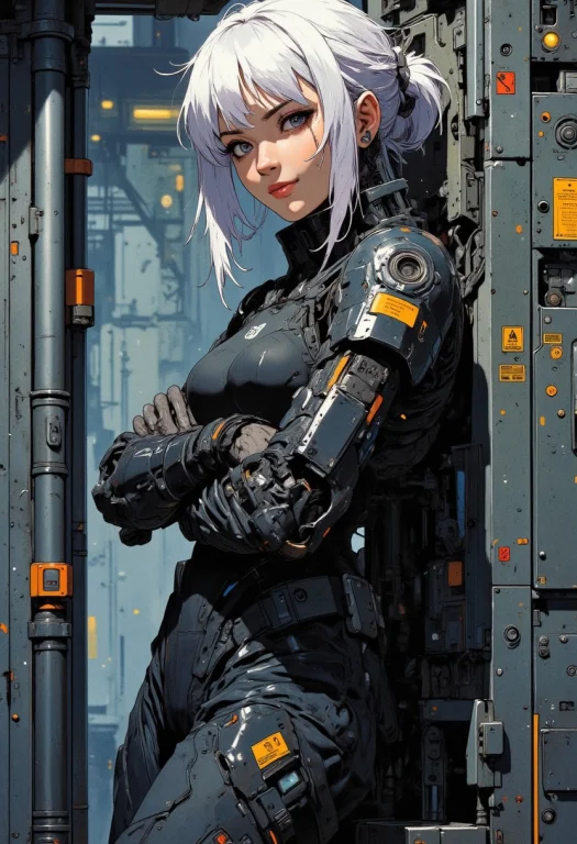 Cyber Woman Smiling Happily, With White Hair, Arms Crossed A...