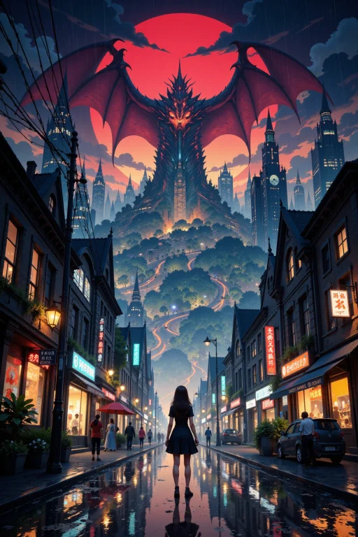 Demonic City Beautiful Anime Landscape, Rainy Day, Woman, Ve...