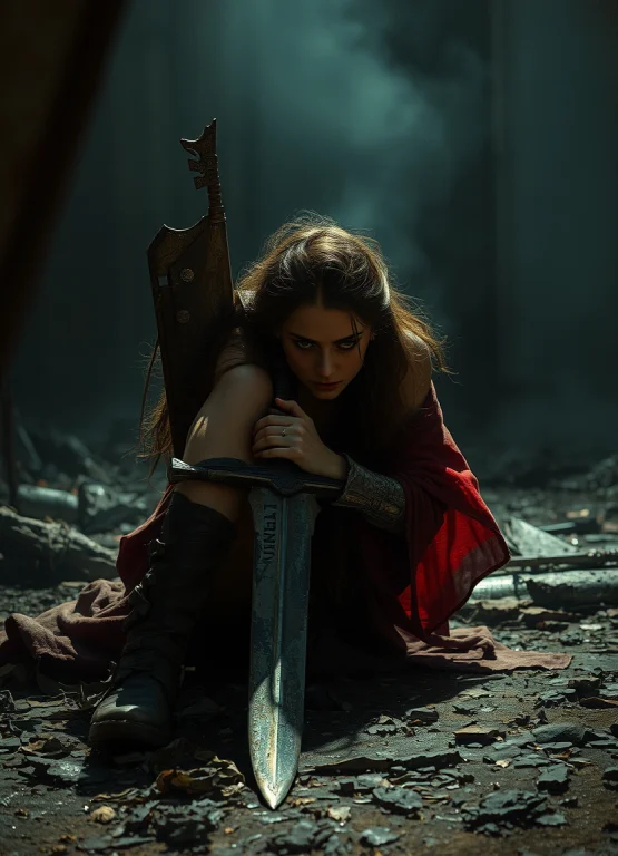 Beautiful Woman, Tired Leaning On Her Sword Placed On The Gr...