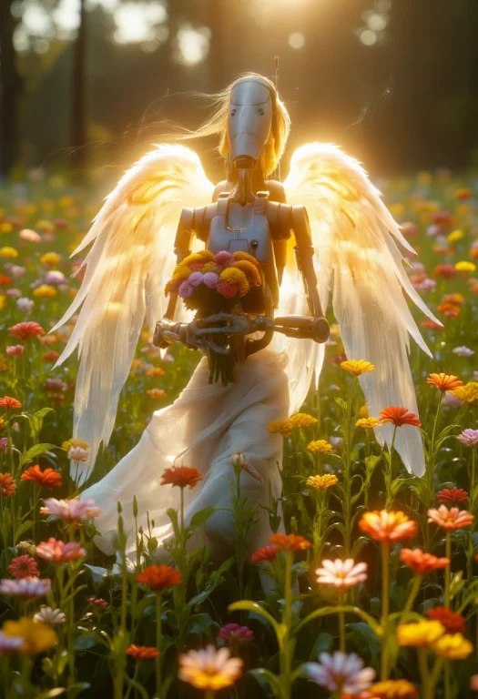 A B1 Battle Droid Stands In A Serene Meadow, Its Long, Vibra...