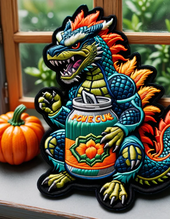 Intricate Embroidered Patch Depicting A Gigantic Godzilla-li...