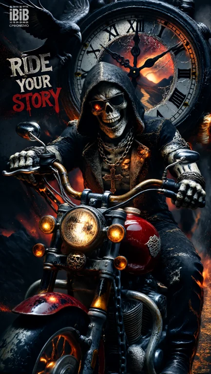 Title Ride Your Story Grim Reaper On Motorcycle With Clock A...
