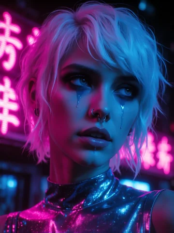 Digital Artwork Depicts A Close-up Of A Pale-skinned Woman W... — Stable Diffusion AI Prompt: digital artwork depicts a close-up of a pale-skinned woman with striking, neon-l...