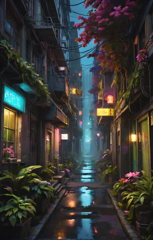 Cyberpunk Aesthetic, A Beautiful Alley, Urbex, City, Crystal... — SDXL AI Prompt: Cyberpunk aesthetic, a beautiful alley, urbex, city, crystal, flowers, architect...