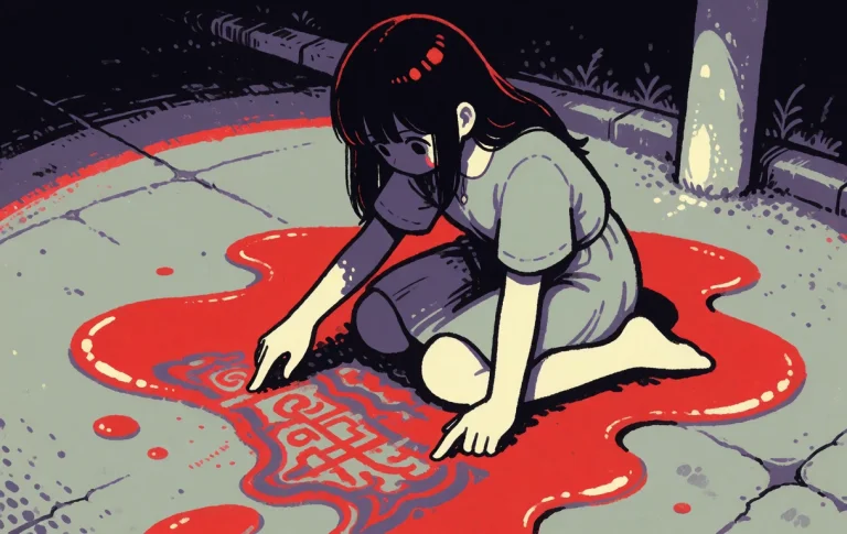 One Girl Sits Cross-legged In A Puddle Of Thick Crimson Bloo...