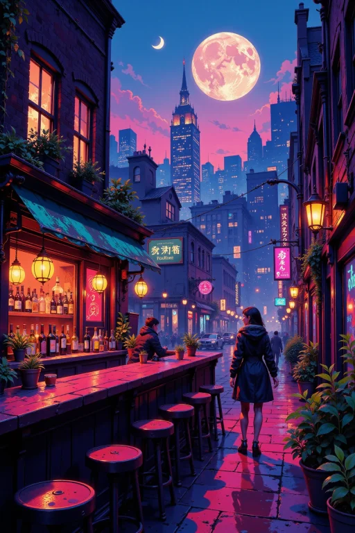 A Cyberpunk Pub Beautiful Landscape, Evening, Woman, Very In...