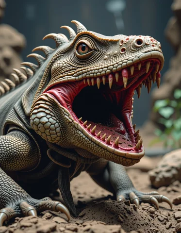 The Closest Lizard Large, With Brimming Eyes And A Crown Of... — FLUX AI Prompt: The closest lizard – large, with brimming eyes and a crown of twisted-stalactite...