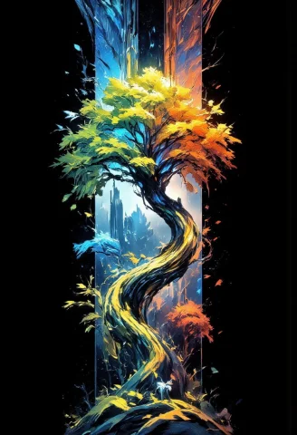 A Tall Fantasy Art Panel Divided Into Four Vertical Sections... — FLUX AI Prompt: A tall fantasy art panel divided into four vertical sections, each showing the s...
