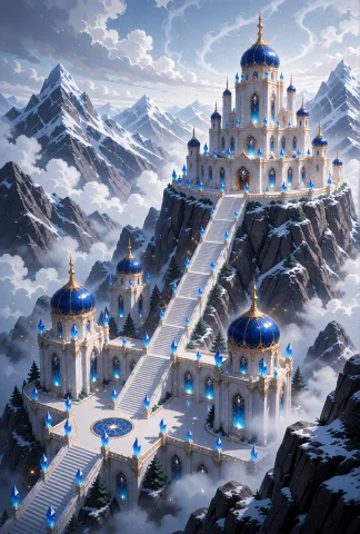 A High-angle Shot And Wide Framing Of A Magnificent Fantasy... — Stable Diffusion AI Prompt: A high-angle shot and wide framing of a magnificent fantasy palace complex built...