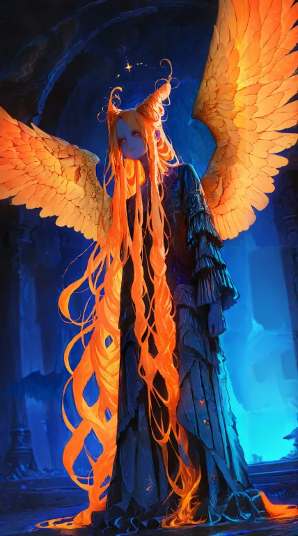 1girl, Absurdly Long Hair, Multitieded Hair, Angle Wings, Bl...