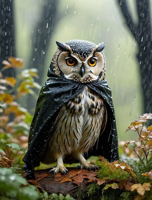 A Very Small And Tiny Round Owl Wear Black Tattered Cloak An...