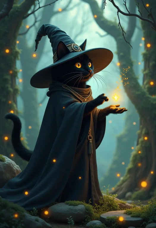 A Bipedal Black Cat Wearing A Huge Oversized Witch Hat, A Wi...