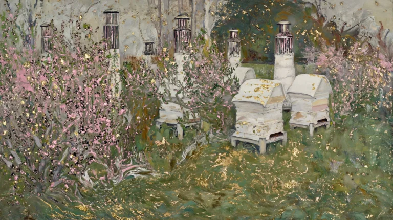 Medieval Themed White-toned Spring Beehive In A Garden, Glas...