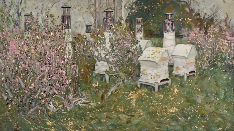 Medieval Themed White-toned Spring Beehive In A Garden, Glas... — Stable Diffusion AI Prompt: Medieval themed white-toned spring beehive in a garden, glass industrial chimmne...