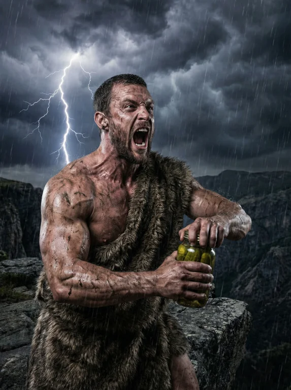 Thunderstorm Overhead. Fur-clad Barbarian With Muscles Like...