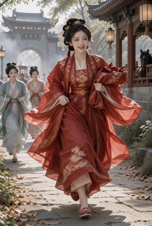 古装逃婚喜剧剧照，清晨城外小路，全身动态镜头。一名二十一岁左...