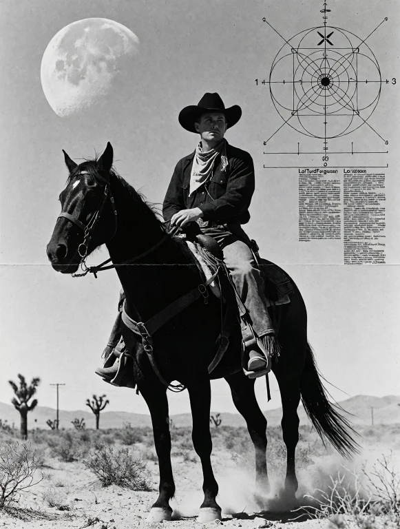 H3reticpress, Cowboy, Black Horse, Desert, Moon, Geometric D...