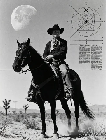 H3retic Press Cowboy in Desert Free — Stable Diffusion AI Prompt: h3reticpress, cowboy, black horse, desert, moon, geometric diagram, english text...