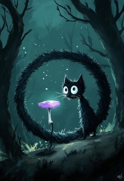 A Whimsical Illustration Of A Thin Black Cat With Wild Tatte...