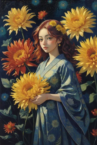 1girl, Loravangoghv21.5 Vincent Van Gogh Style, Chrysanthemu... — Stable Diffusion AI Prompt: 1girl, vincent van gogh style, Chrysanthemum, [Foolish|Spiritual], with flowing...