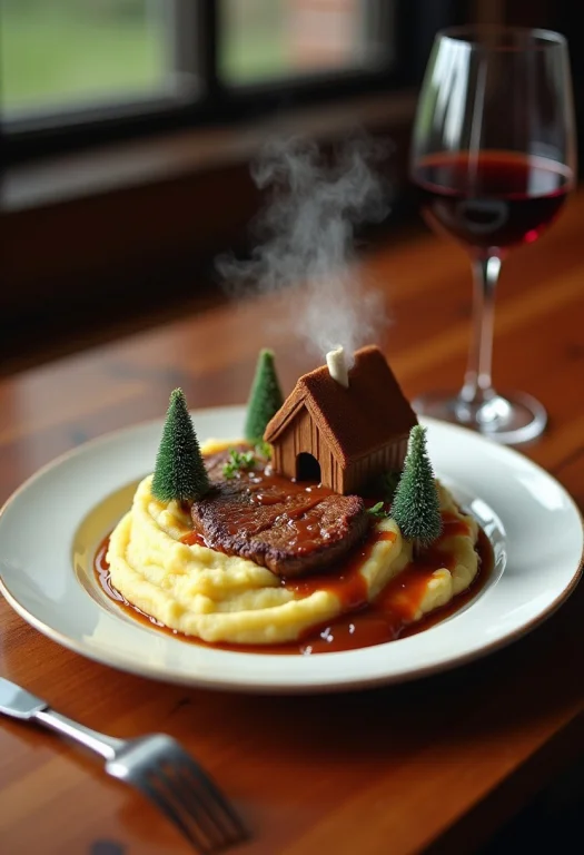 A Plate Of Food On A Polished Wooden Table, The Plate Of Foo...