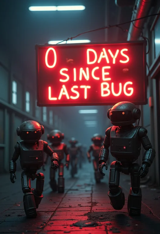 Robots Chasing Bugs Under A Glowing Signboard Written 0 Days...