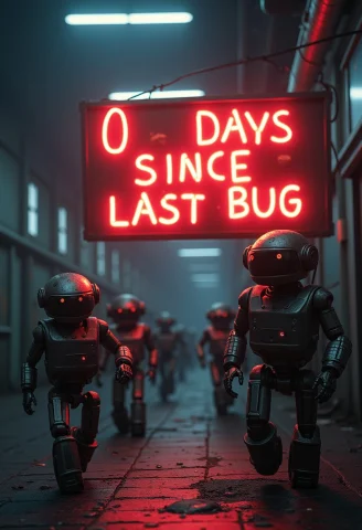 Robots Chasing Bugs Under A Glowing Signboard Written 0 Days... — FLUX AI Prompt: Robots chasing bugs under a glowing signboard written "0 days since last bug", t...