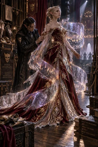 Cinematic, Hyper-detailed Fantasy Masterwork. Backstage At A... — Stable Diffusion AI Prompt: Cinematic, hyper-detailed fantasy masterwork. Backstage at a grand Khorvaire ope...
