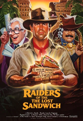 80s Movie Poster Art — Stable Diffusion AI Prompt: 80SM0V13P0ST3R, This is an 80s movie poster for "Raiders of the Lost Sandwich",...