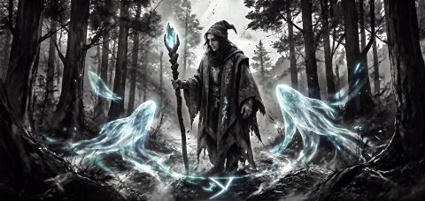 N0vuschr0ma Style, Monochrome Ink Wash Style, A Witch Doctor... — Stable Diffusion AI Prompt: n0vuschr0ma style, monochrome ink wash style, A witch doctor, cloaked in a tatte...