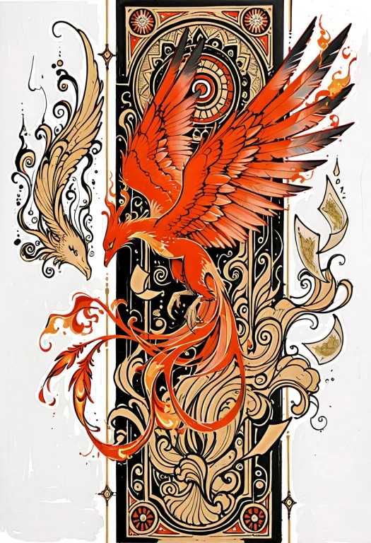 Red And Gold Drawing, Thick Pencil Sketch, Phoenix, Fantasy...