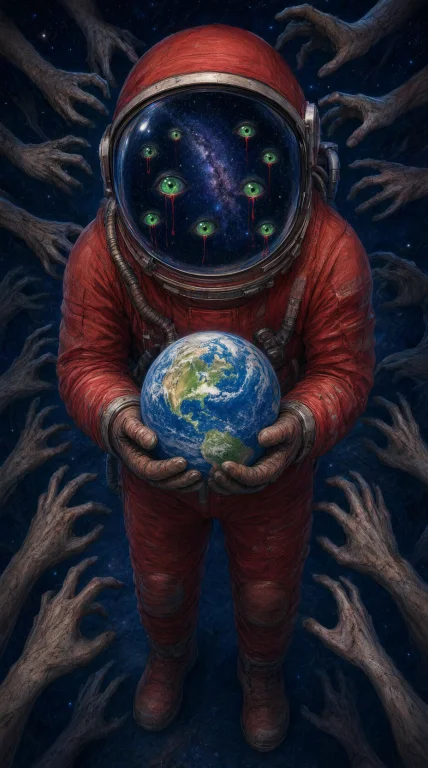 A Mysterious Astronaut In A Crimson Full-body Space Suit And...