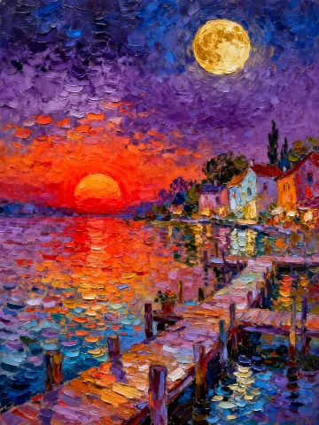 Whimsical Village Docks During A Vivid, Saturated Sunset Wit... — Stable Diffusion AI Prompt: Whimsical village docks during a vivid, saturated sunset with a red-orange sun o...