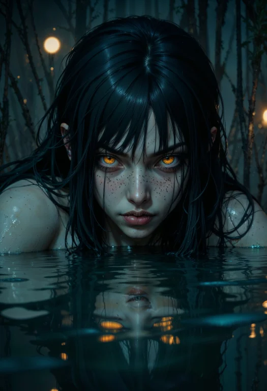 A Close-up Of A Womans Face Partially Submerged In Water. He...