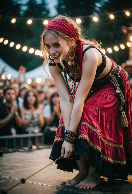 A Dramatic Medium Shot Of A Young Beautiful Hippie Woman, Sl...