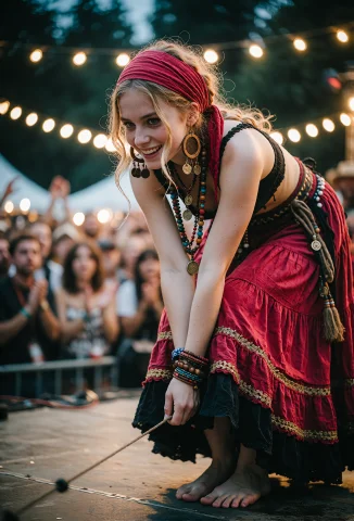 A Dramatic Medium Shot Of A Young Beautiful Hippie Woman, Sl... — Stable Diffusion AI Prompt: A dramatic medium shot of a young beautiful hippie woman, slender and athletic w...