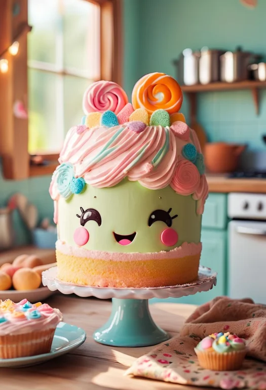 Kawaii Cake Pareidolia In Cozy Kitchen. Joyful Mood, Natural...