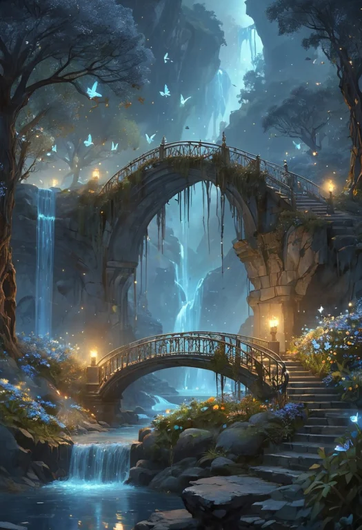 Ethereal Moonstone Bridge Spanning A Misty Chasm Between Lus...