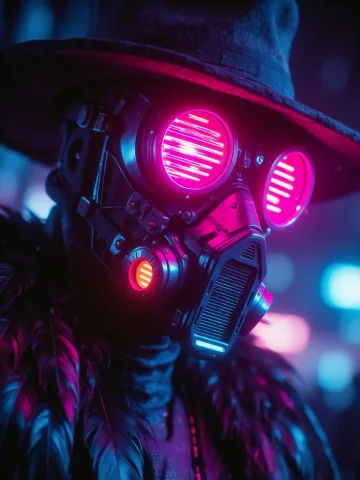Photograph Of A Neon-lit, Cyberpunk-style Plague Doctor With... — Stable Diffusion AI Prompt: Photograph of a neon-lit, cyberpunk-style plague doctor with a glowing pink eye...