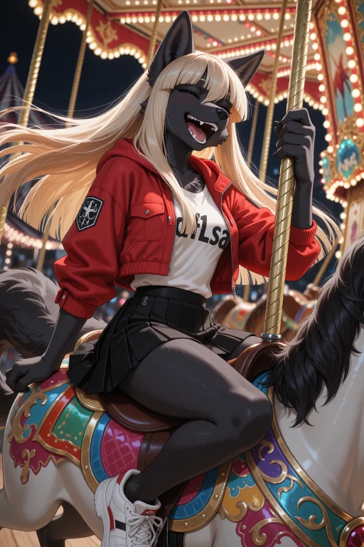 Lisa, Anthropomorphic Wolf Girl With Solid Black Fur, Riding...