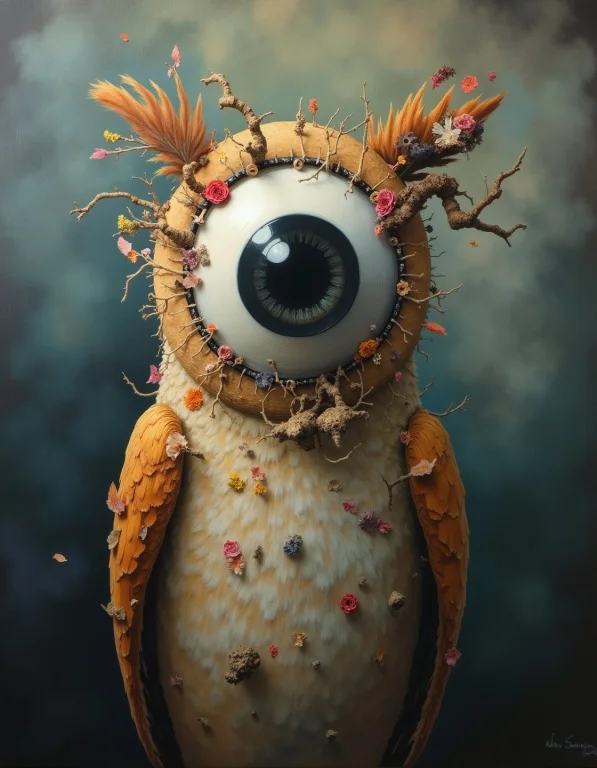 A Surreal Oil On Canvas Of A Barn Owl With A Single Large Ey...