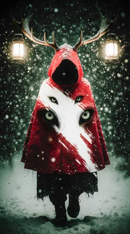 Mysterious Cloaked Figure in Snowstorm — Stable Diffusion AI Prompt: Cloaked mysterious figure walking towards viewer, wearing an antler hood with la...